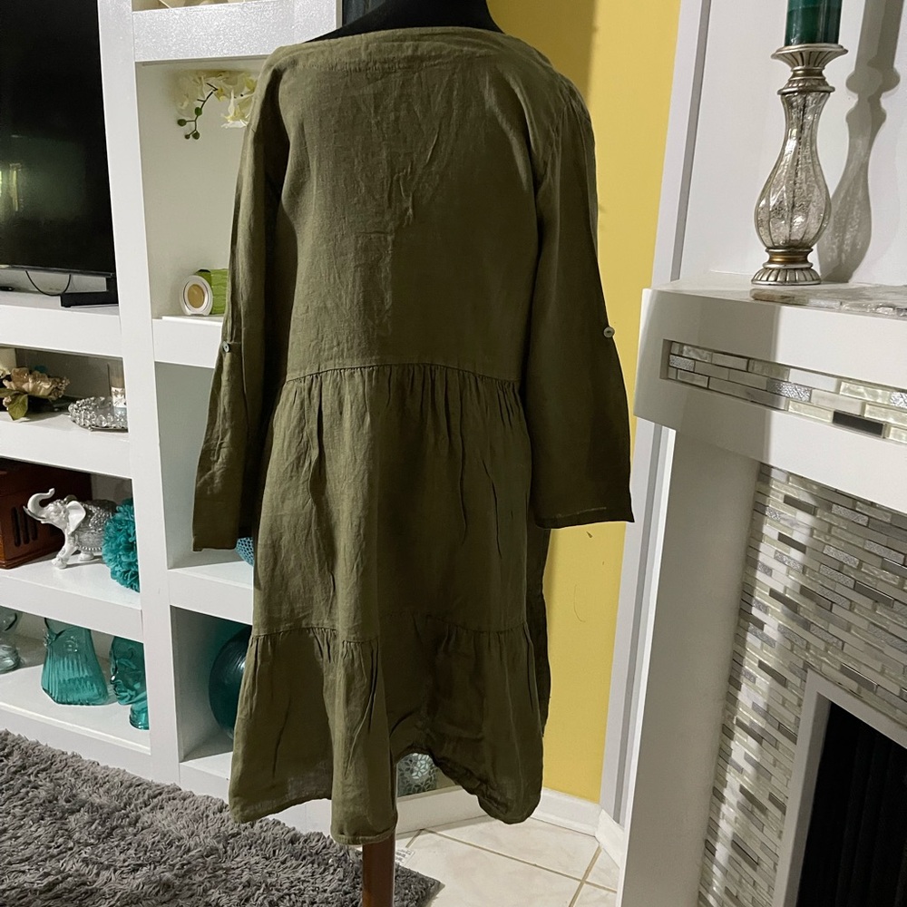 Bellambra Olive 100% linen V-Neck Tiered Dress size L - Picture 4 of 7